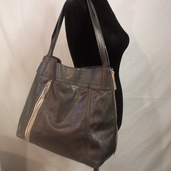 FRYE "Lena" Smooth Black Leather Tote Chunky SIlver ZIppers Detail, 3-Side Open - Picture 1 of 15